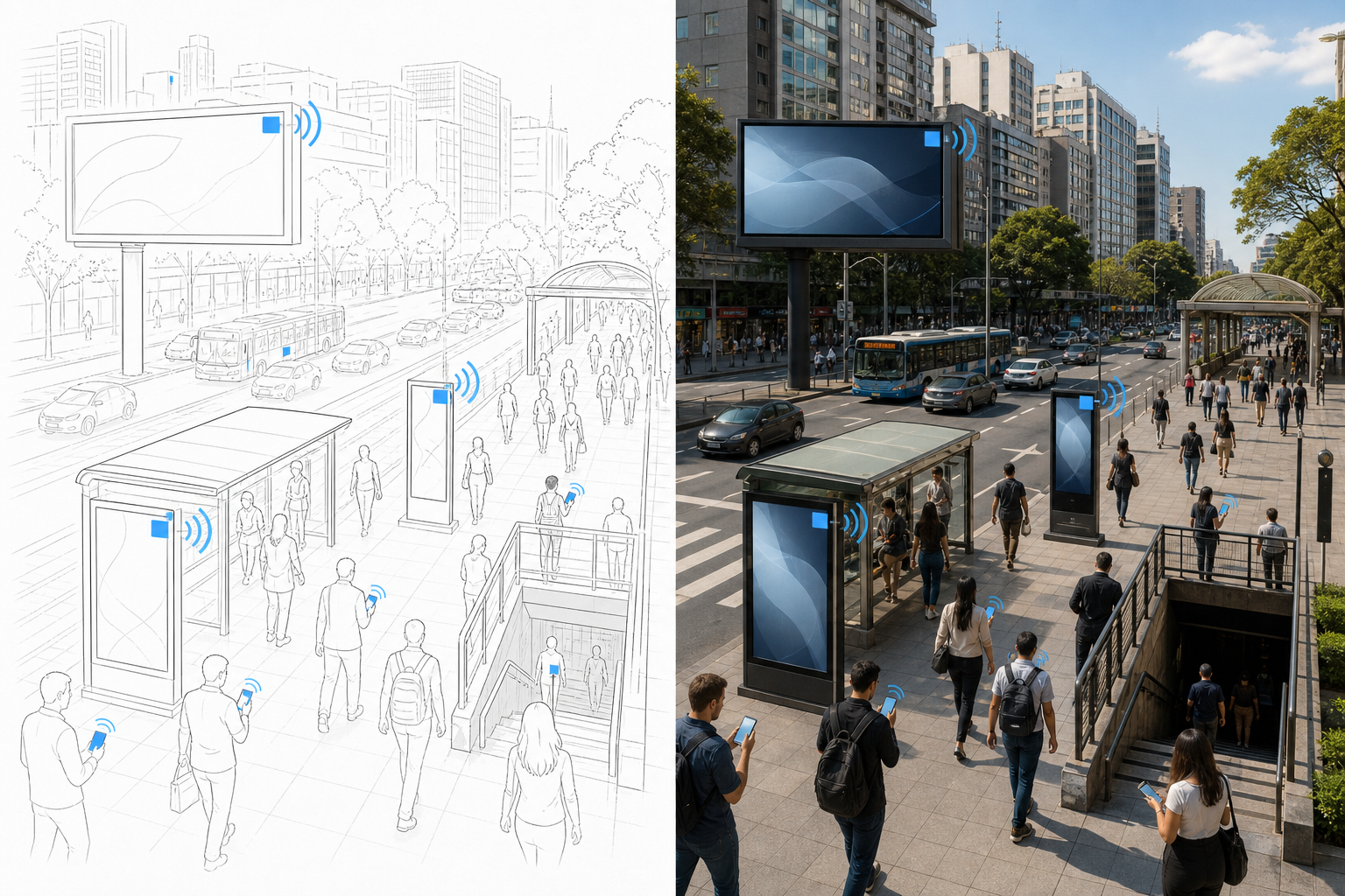 Blueprint urbano com inventário DOOH planejado