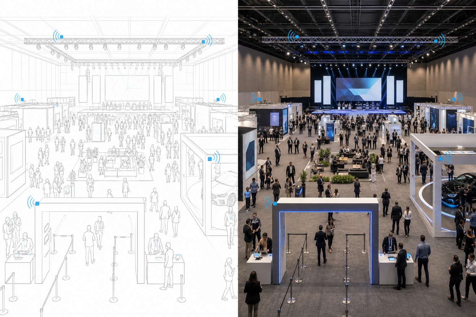 Blueprint ilustrativo de um pavilhão de eventos com pontos planejados para leitura