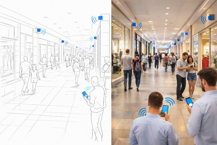 Blueprint ilustrativo de um shopping com pontos planejados para leitura