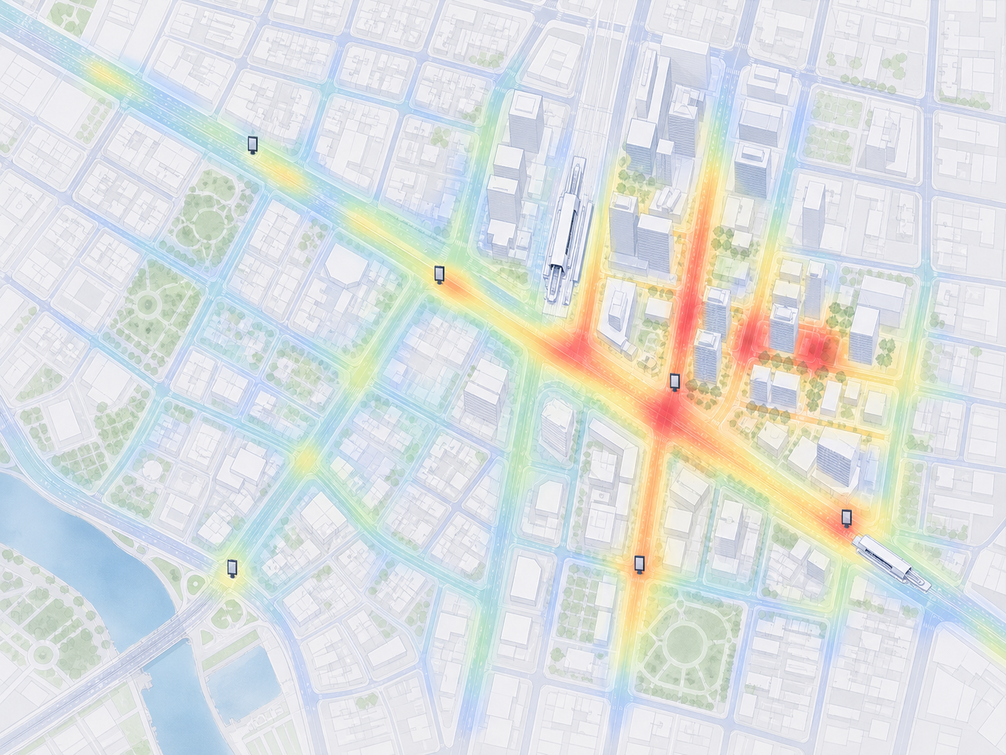 Mapa demonstrativo de circulação urbana e pontos de DOOH