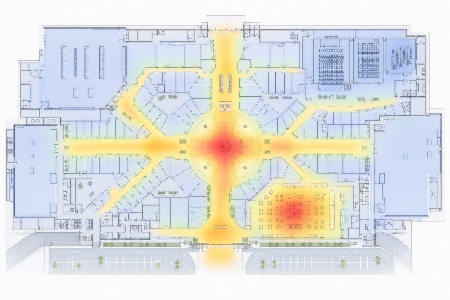 Mapa de calor demonstrativo de um shopping com intensidade por zona